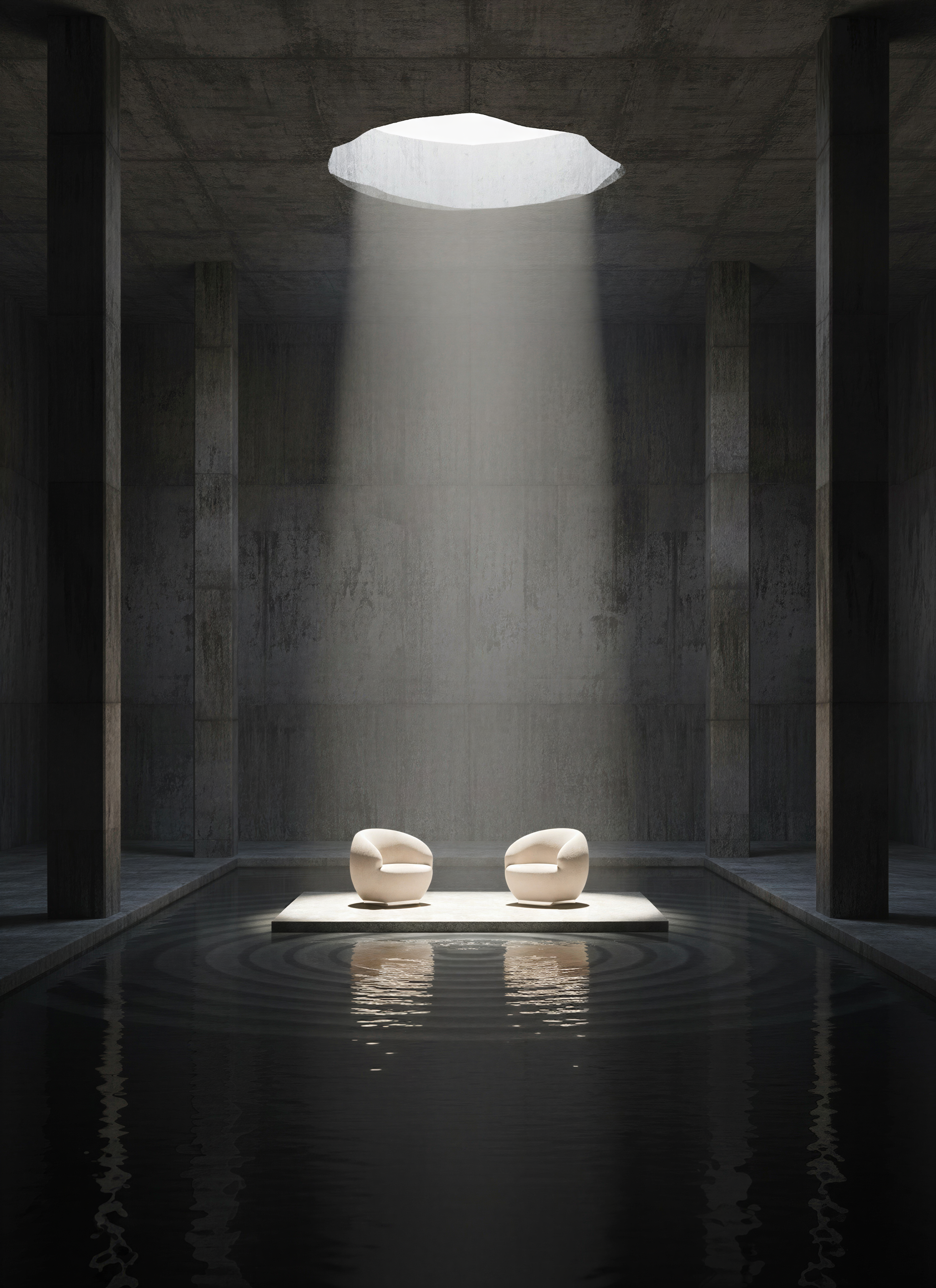 Two armchairs beneath an oculus