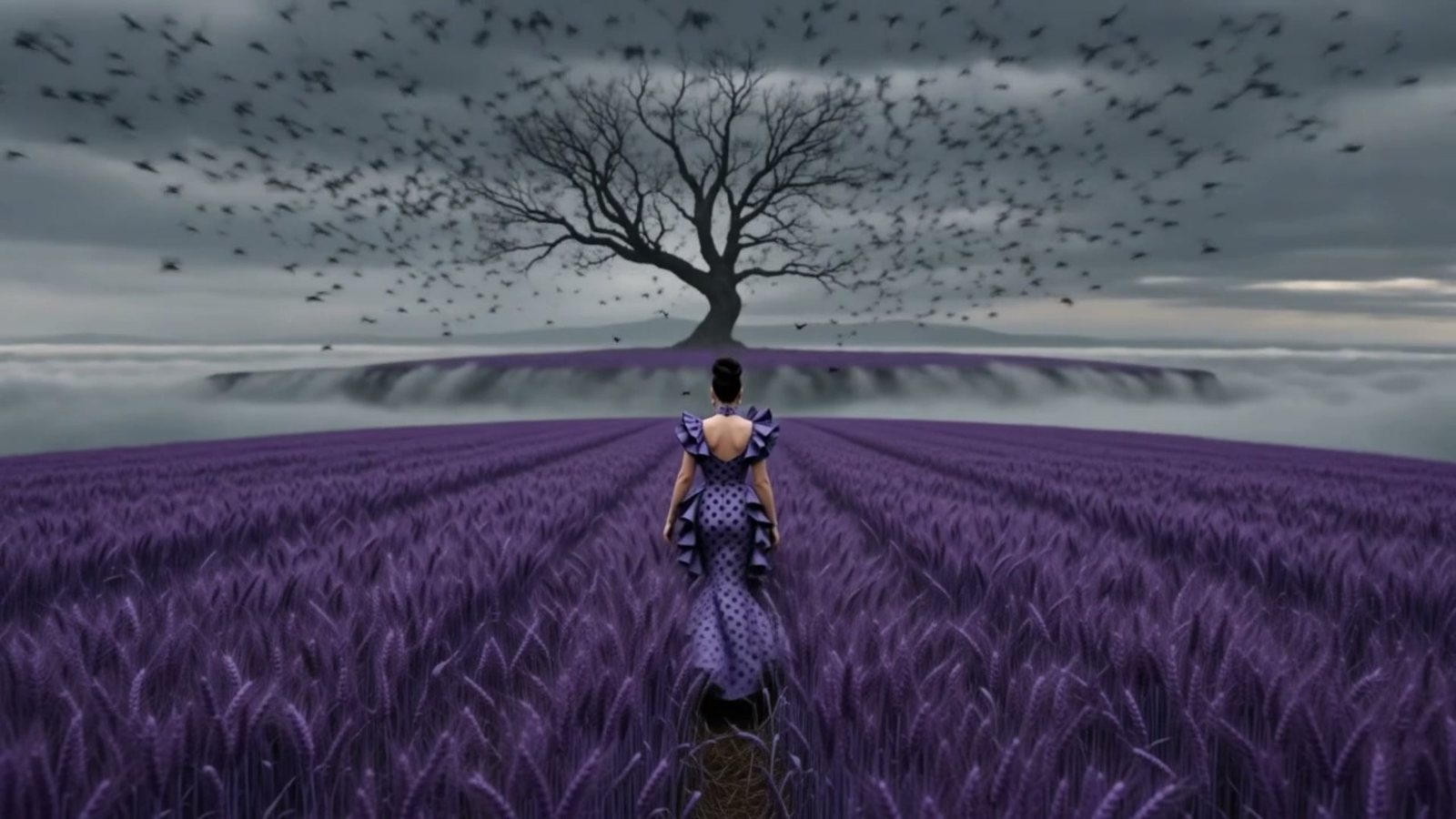 A lone tree and figure moving through a lavender field