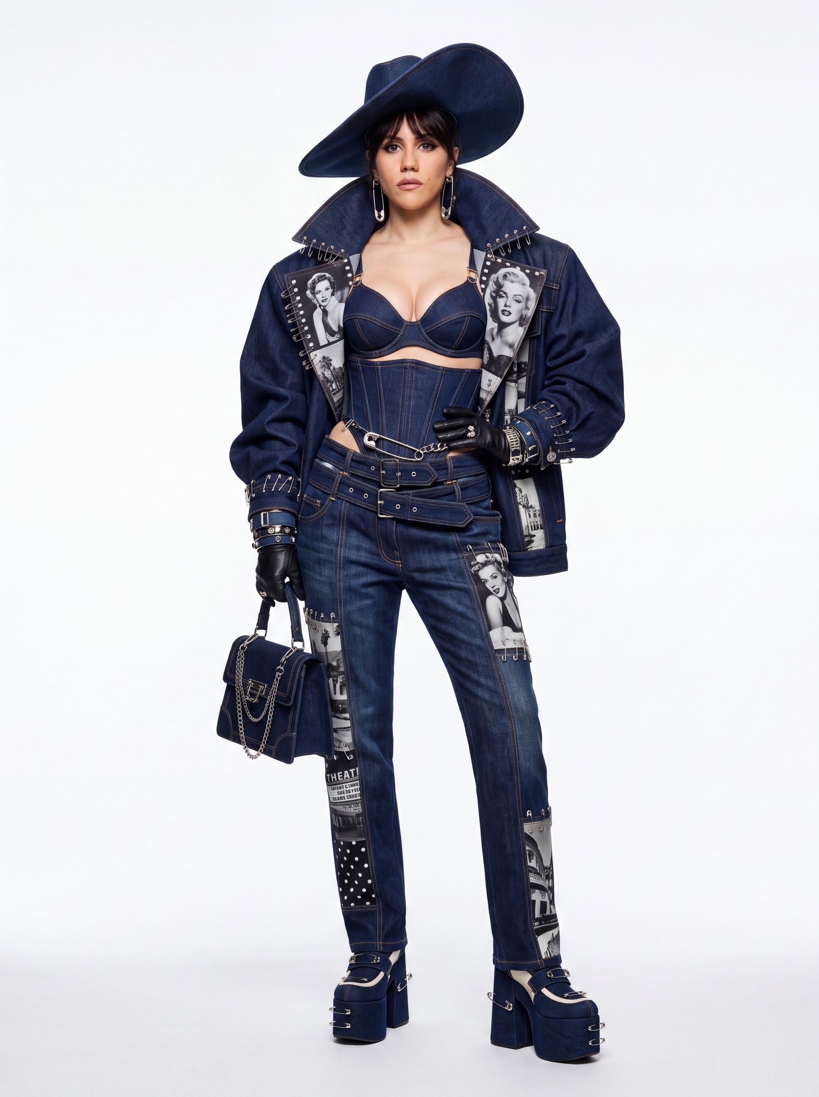 A woman in a sculpted denim look and wide brimmed hat