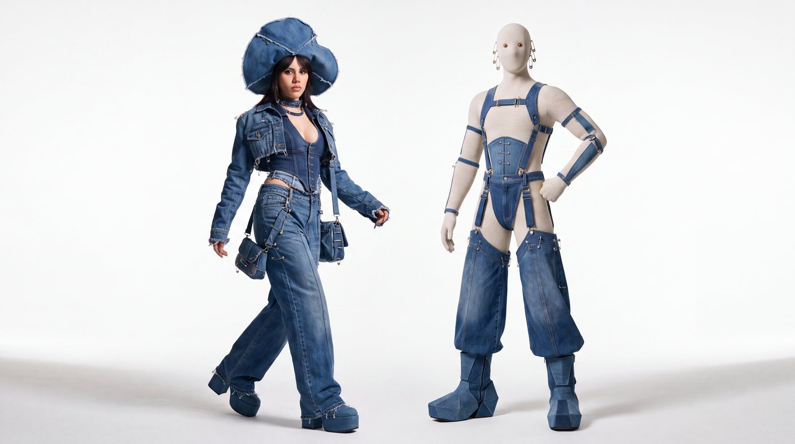 A woman and Heart in coordinated denim on a white ground