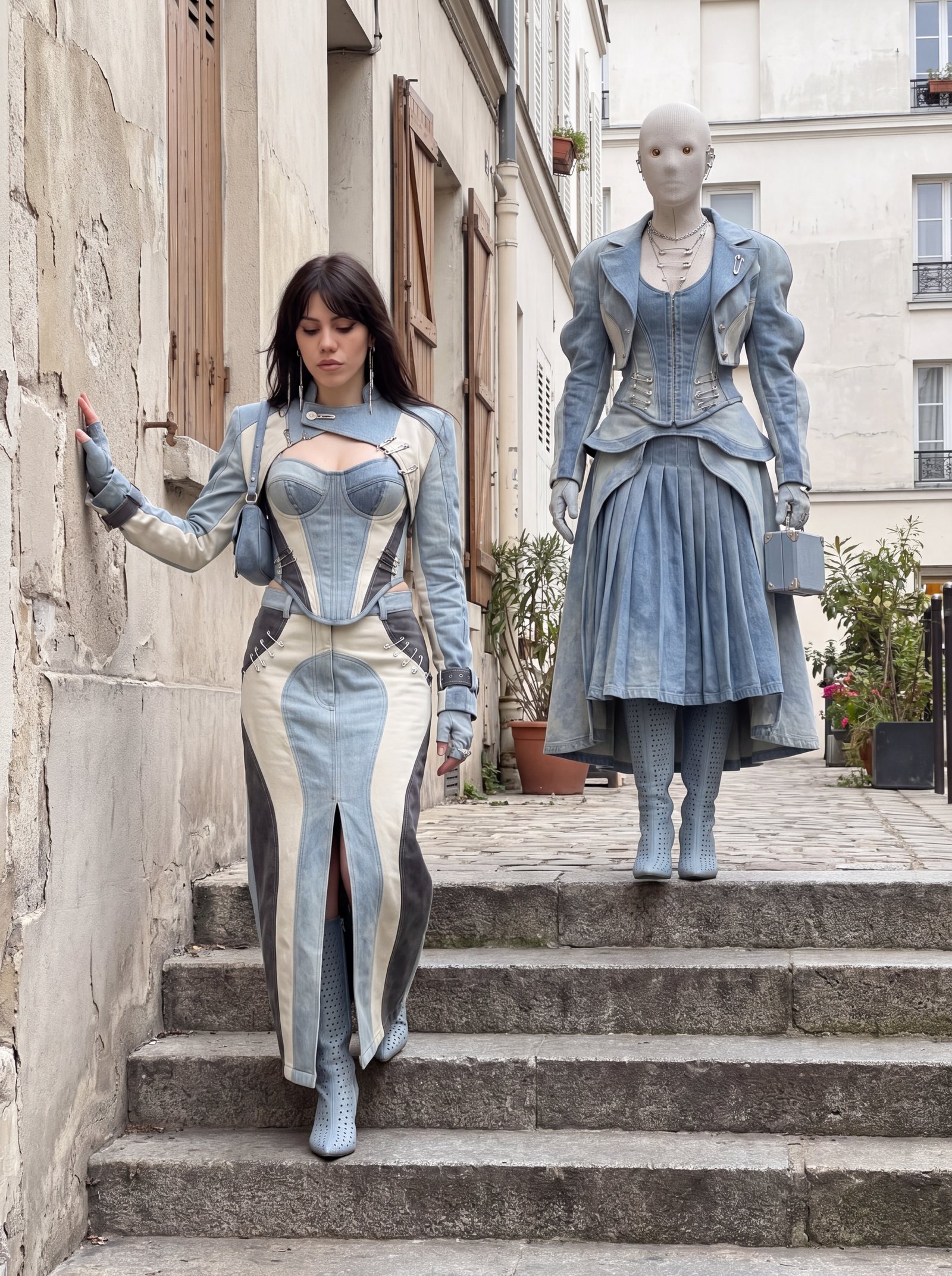 A woman and Heart in pale denim walking down stone steps