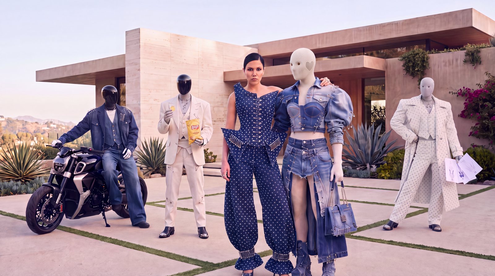 A cast in denim and tailoring outside a modernist desert house at dusk