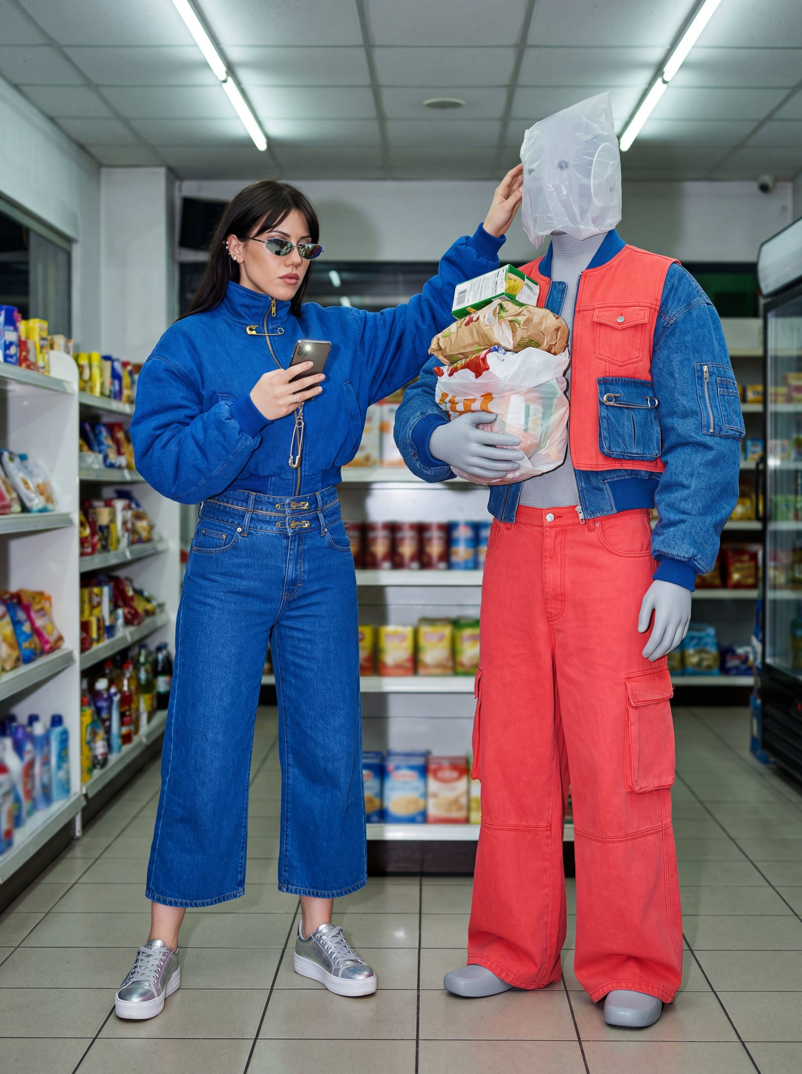 A woman and a humanoid character in a supermarket editorial scene