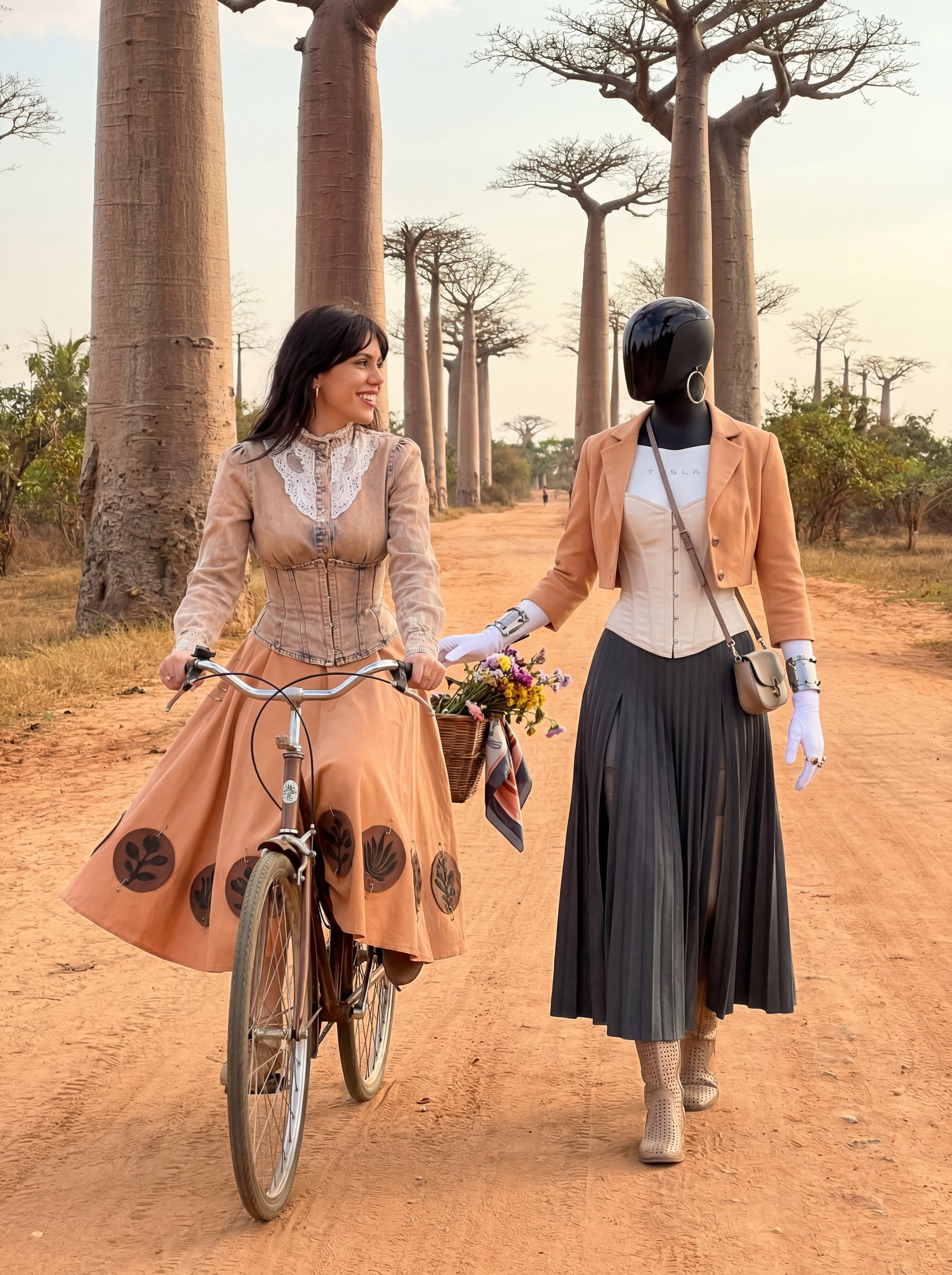 A woman and a humanoid character with bicycles among baobabs