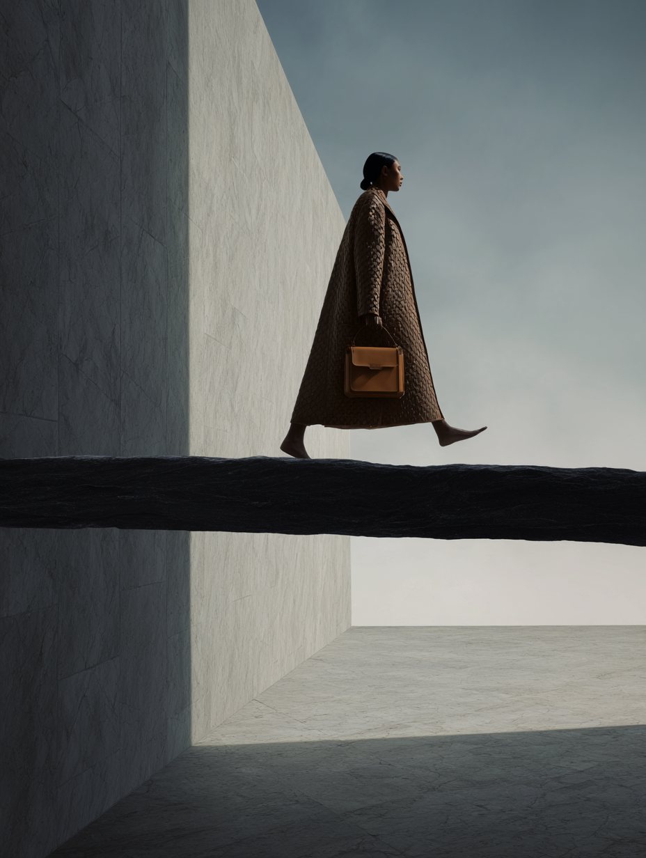 A figure in a long dark coat walking a bare projection-lit set