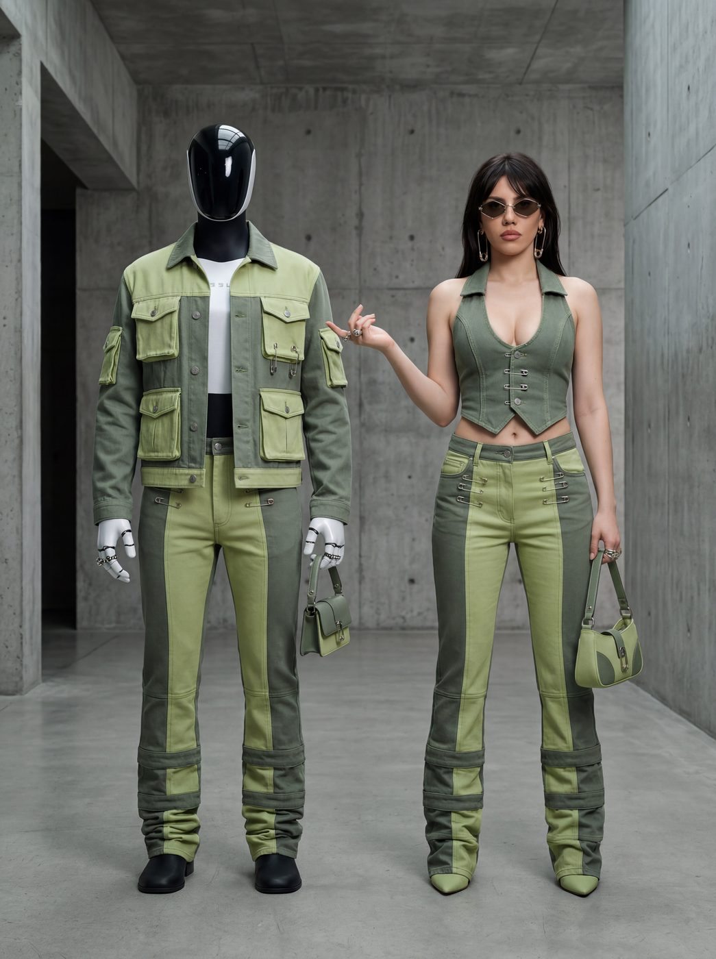 A model and a robot mannequin in matching olive utility denim