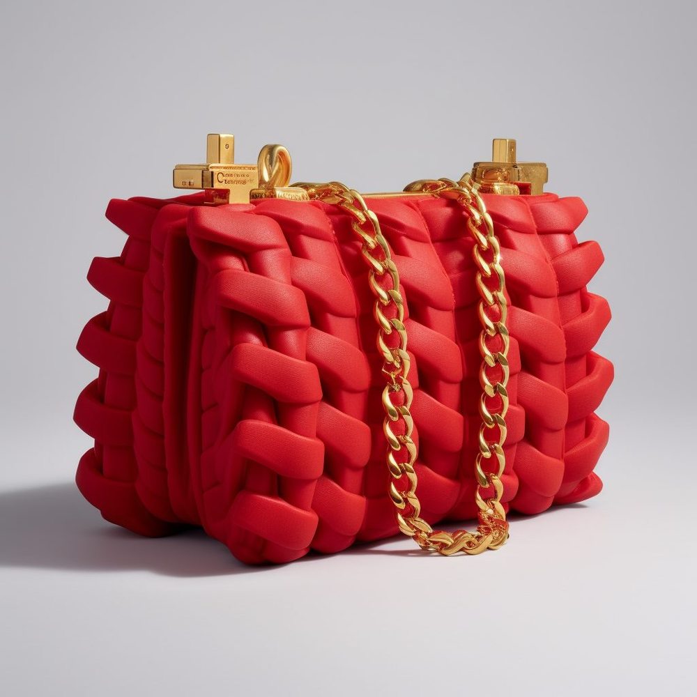 A red quilted bag with a heavy gold chain
