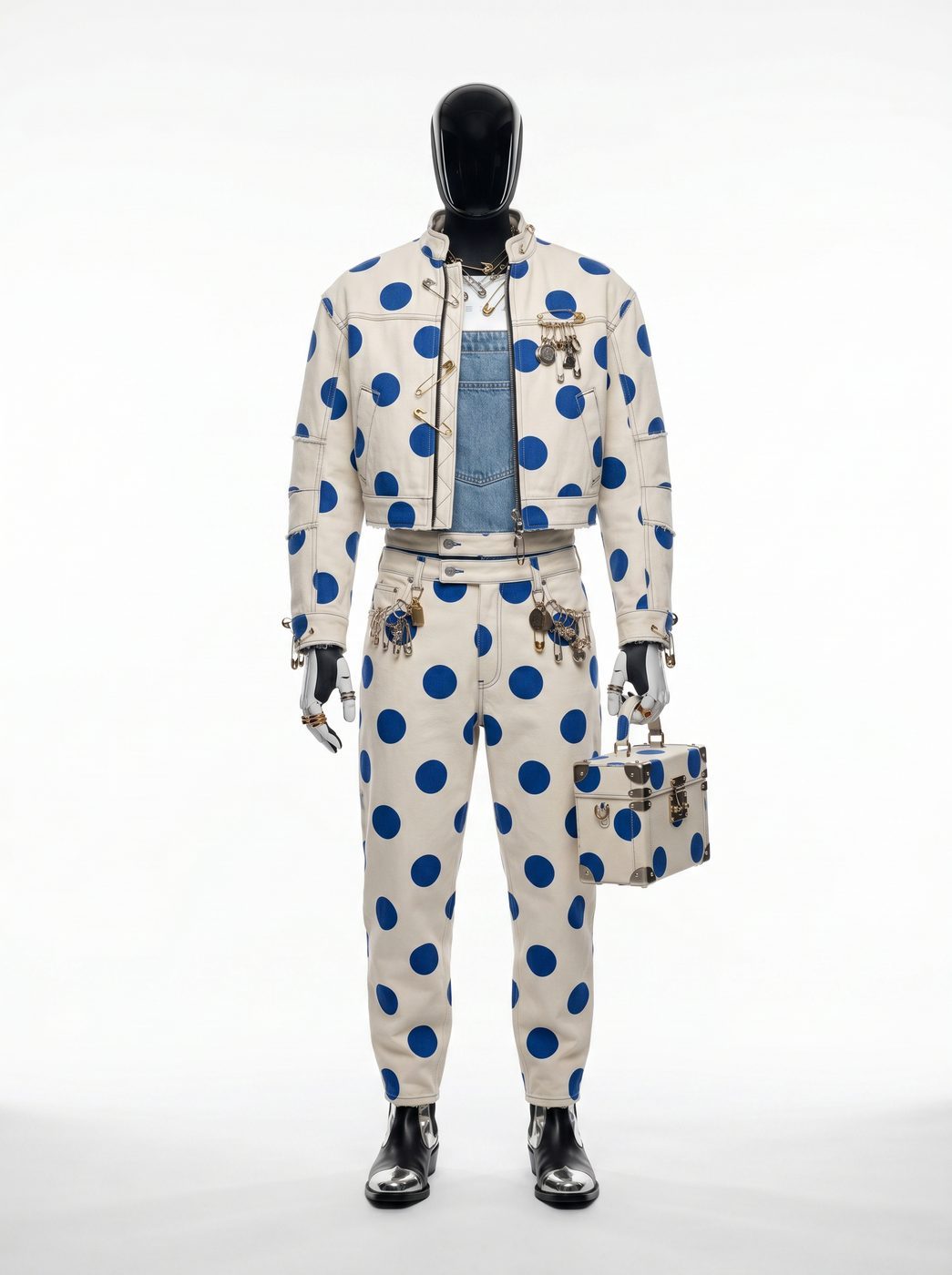 A cropped jacket and trousers in cream with cobalt polka dots, on a faceless mannequin