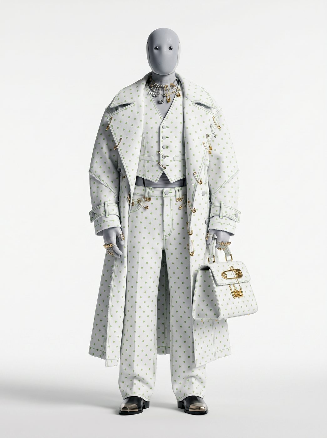 A white perforated trench over a white suit, on a faceless mannequin