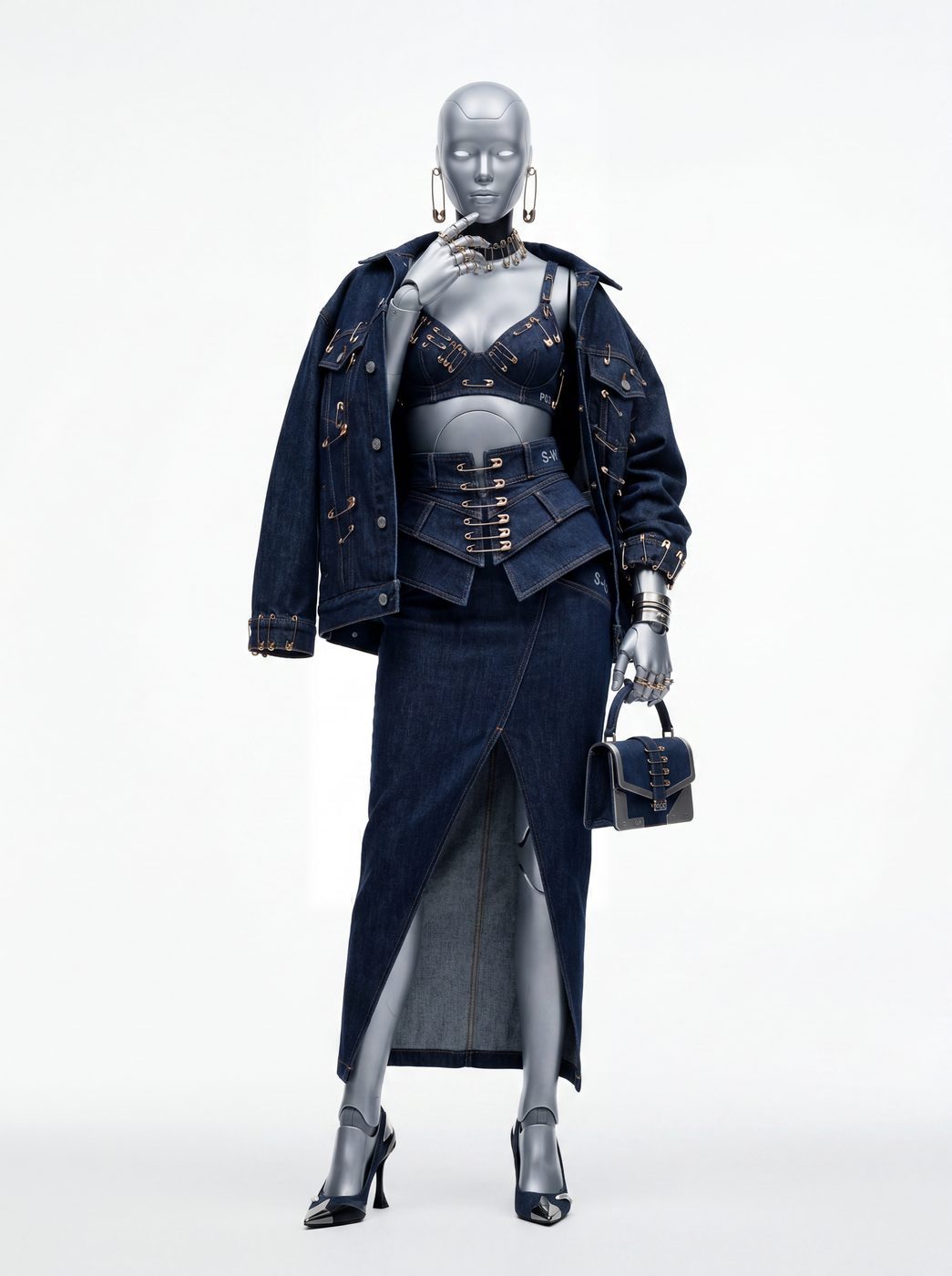 A denim jacket over a corseted skirt with a sheer panel, on a chrome figure