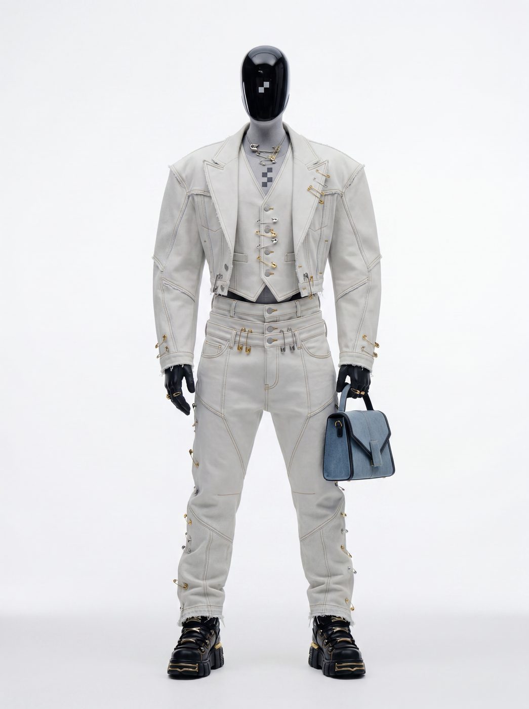 A white distressed denim jacket and trousers with harness detailing