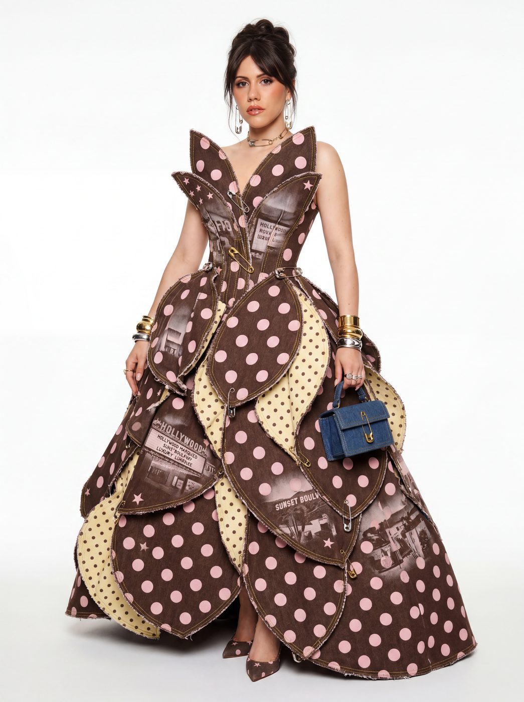 A brown and cream polka dot ball gown with a sculpted bodice