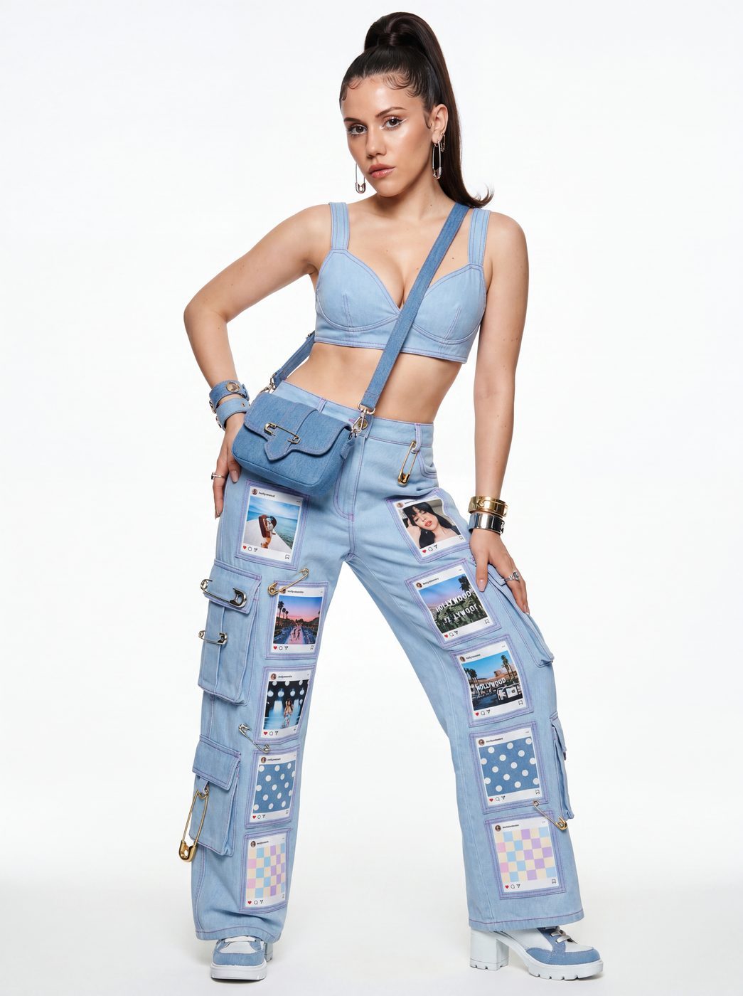 A denim bralette and patchwork denim trousers with a shoulder bag