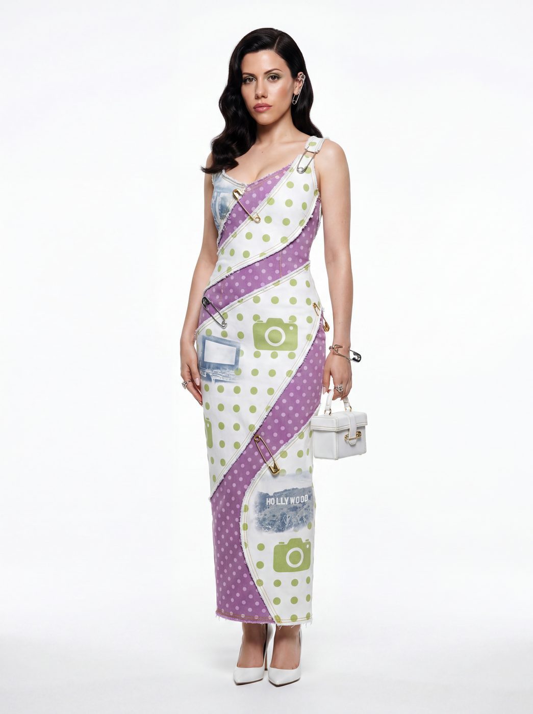 A column dress in white with lilac and green print panels