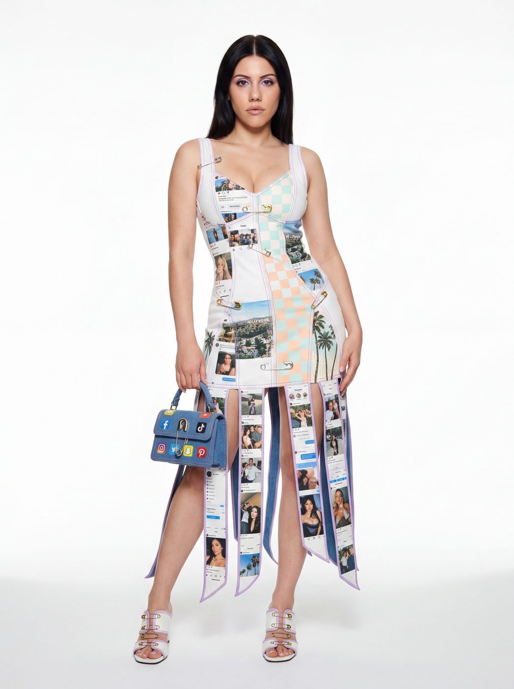 A white dress panelled with printed strips and an open skirt