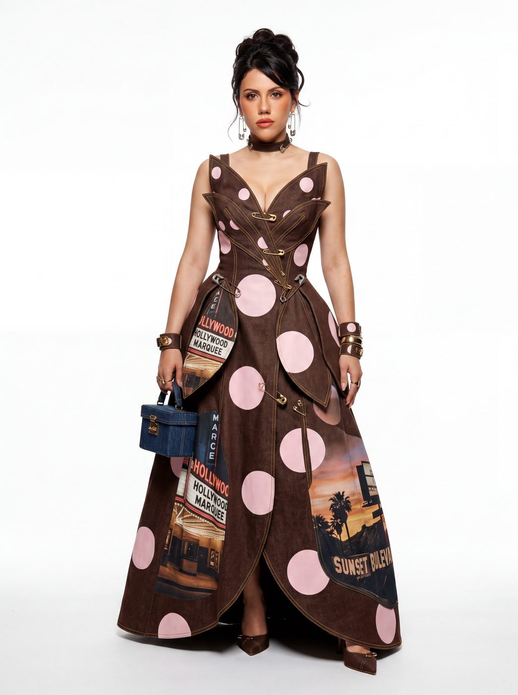 A brown gown with pink polka dots and a structured neckline