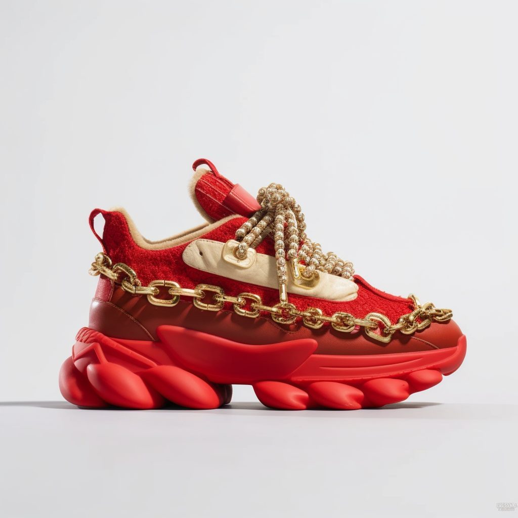 A red chunky sneaker with a gold chain across the laces