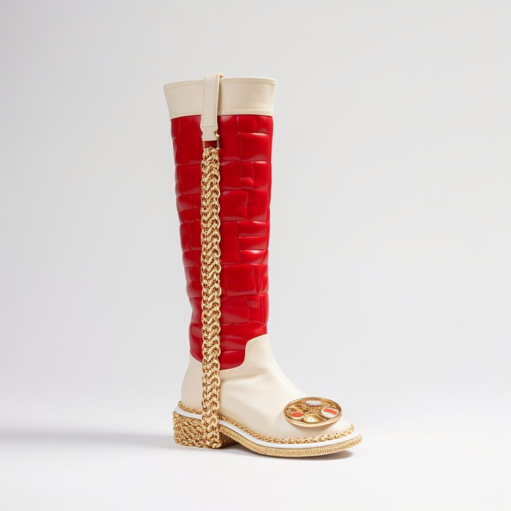 A white knee boot with a red zip and gold chain trim