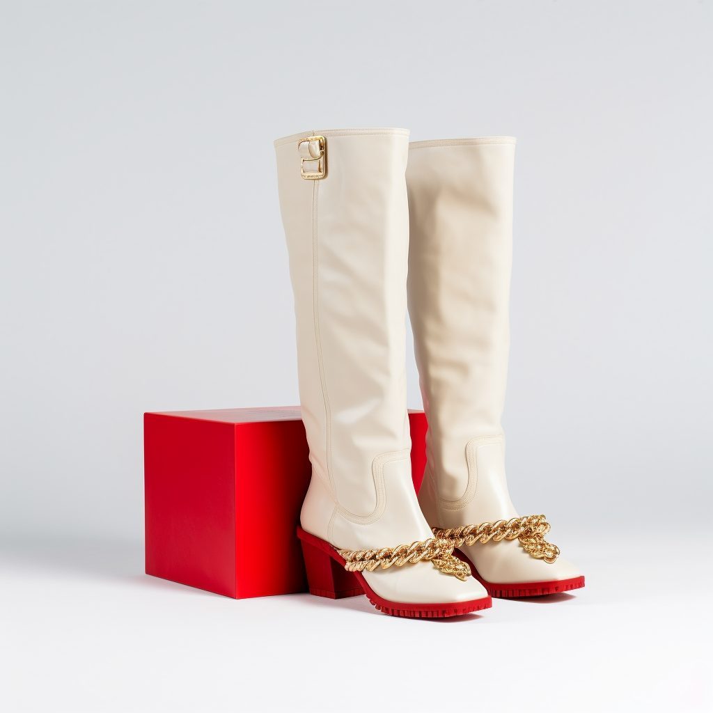 A cream knee boot with a strap and gold buckle, on a red block