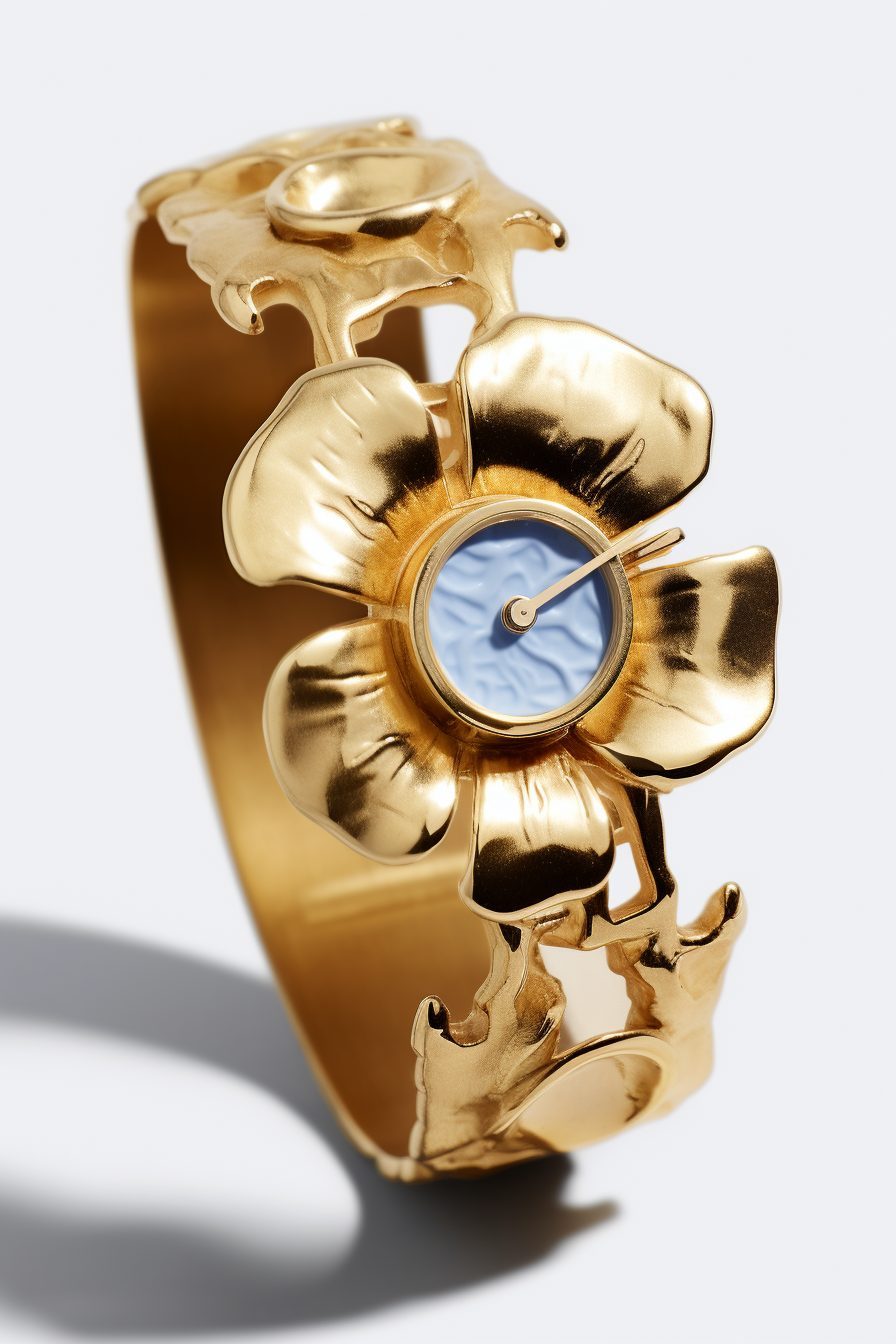 A gold cuff watch shaped as an open flower