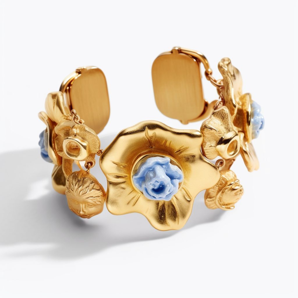 A gold cuff set with pale blue stones