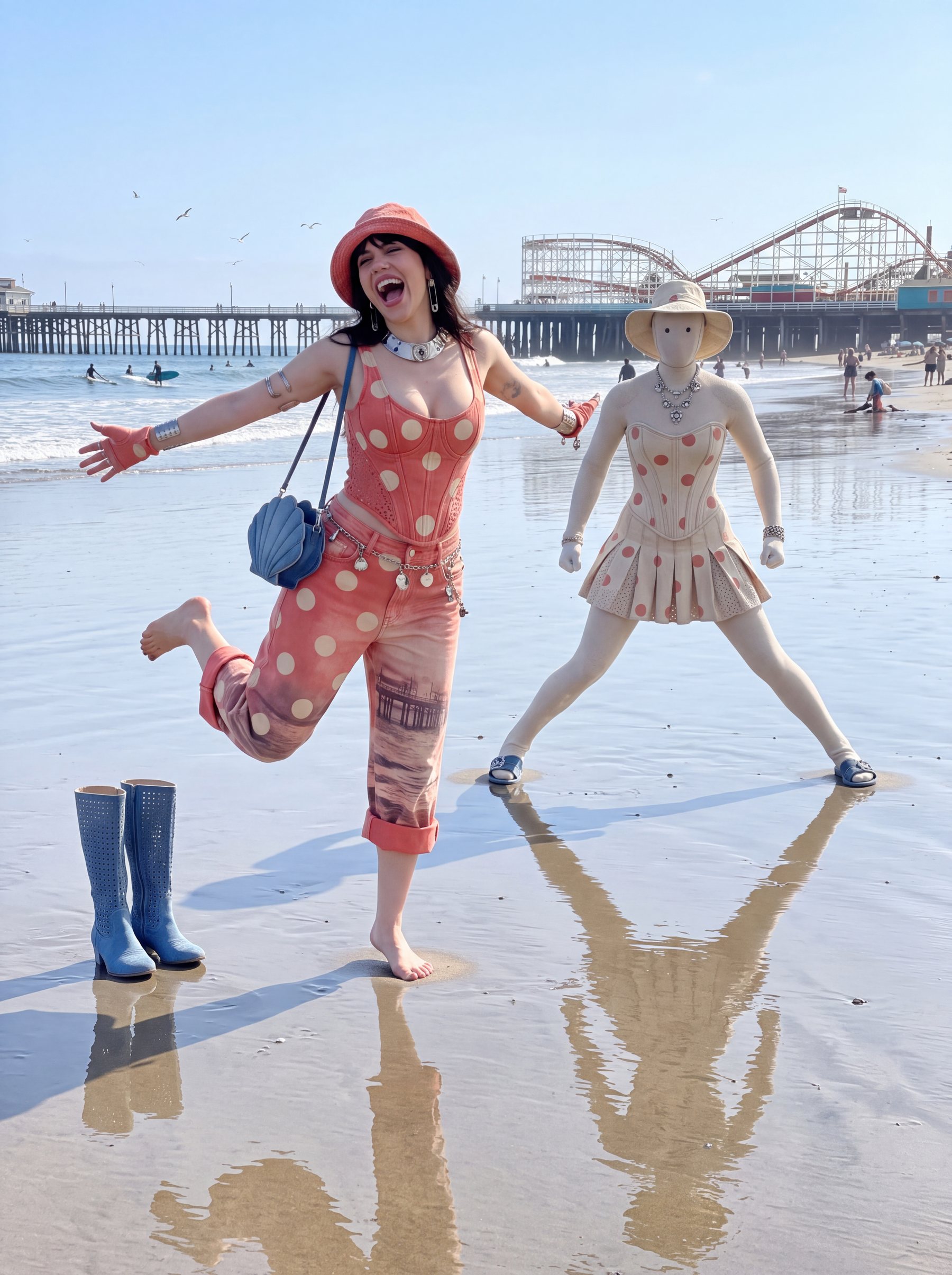 A robot mannequin styled for a Californian roadside setting