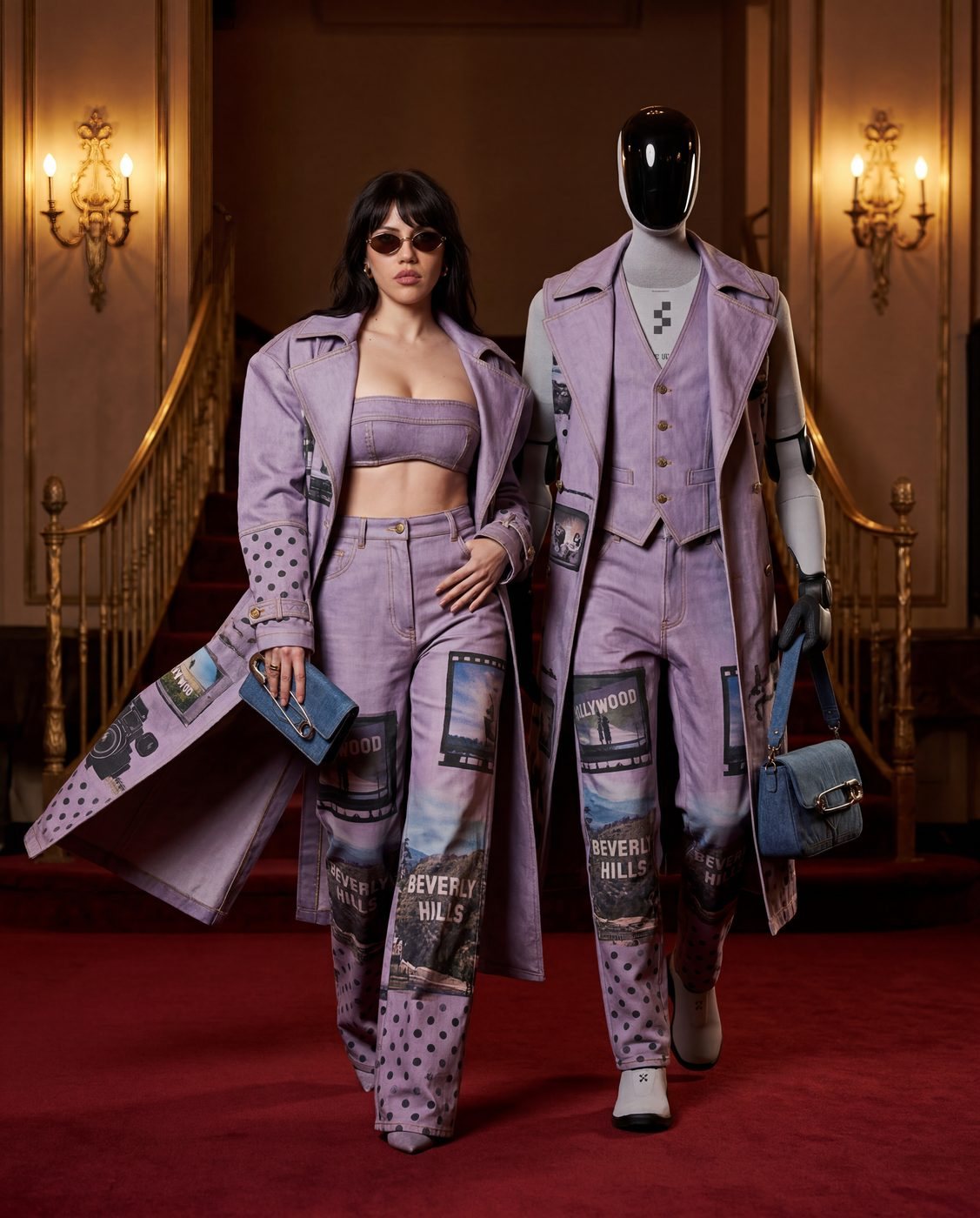 Irina Raicu and a robot mannequin in matching lilac printed tailoring walking a red carpet in a gilded theatre foyer