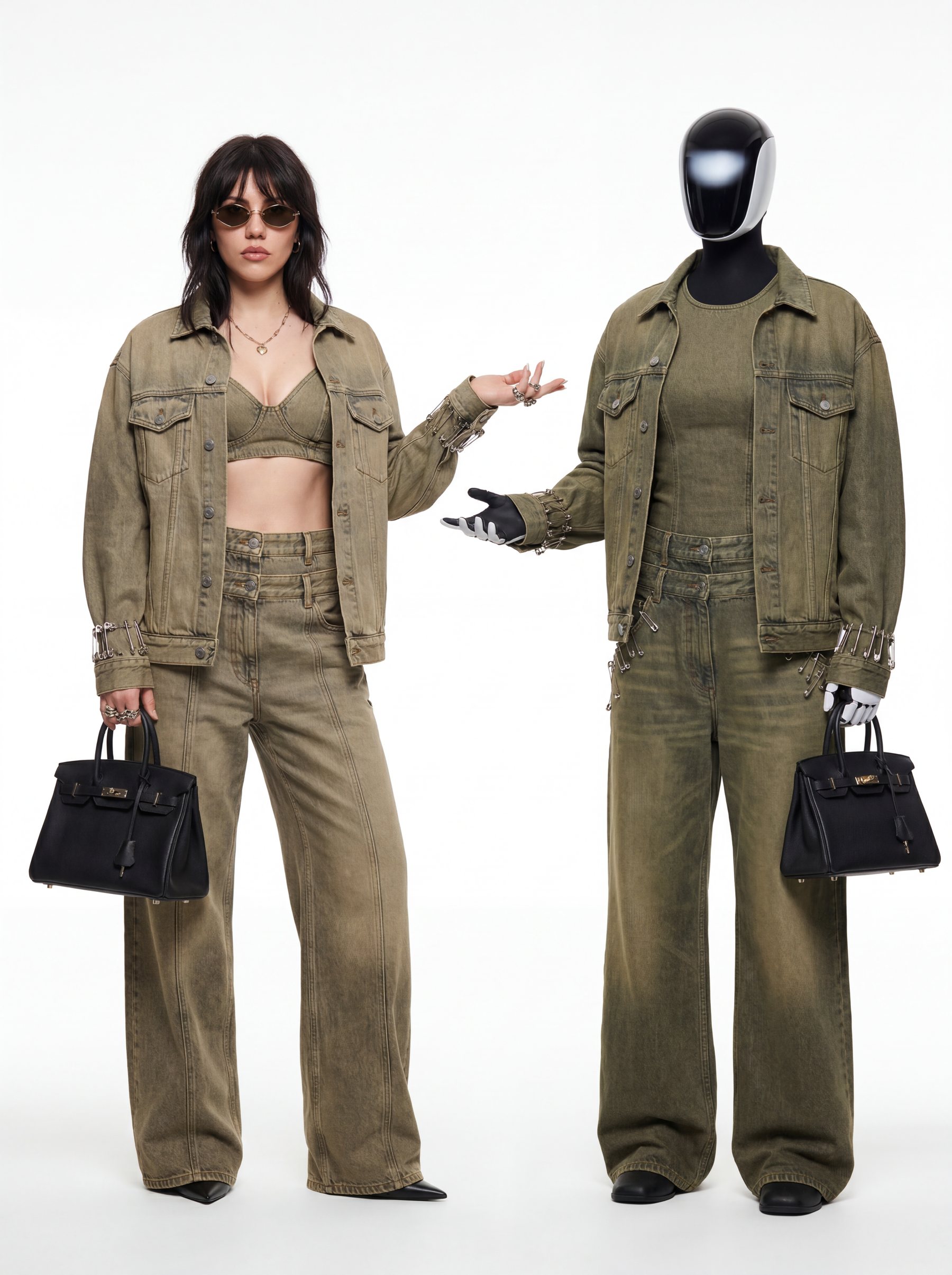 Irina Raicu in olive denim gesturing beside a robot mannequin in a matching olive boilersuit, both carrying black handbags in a studio