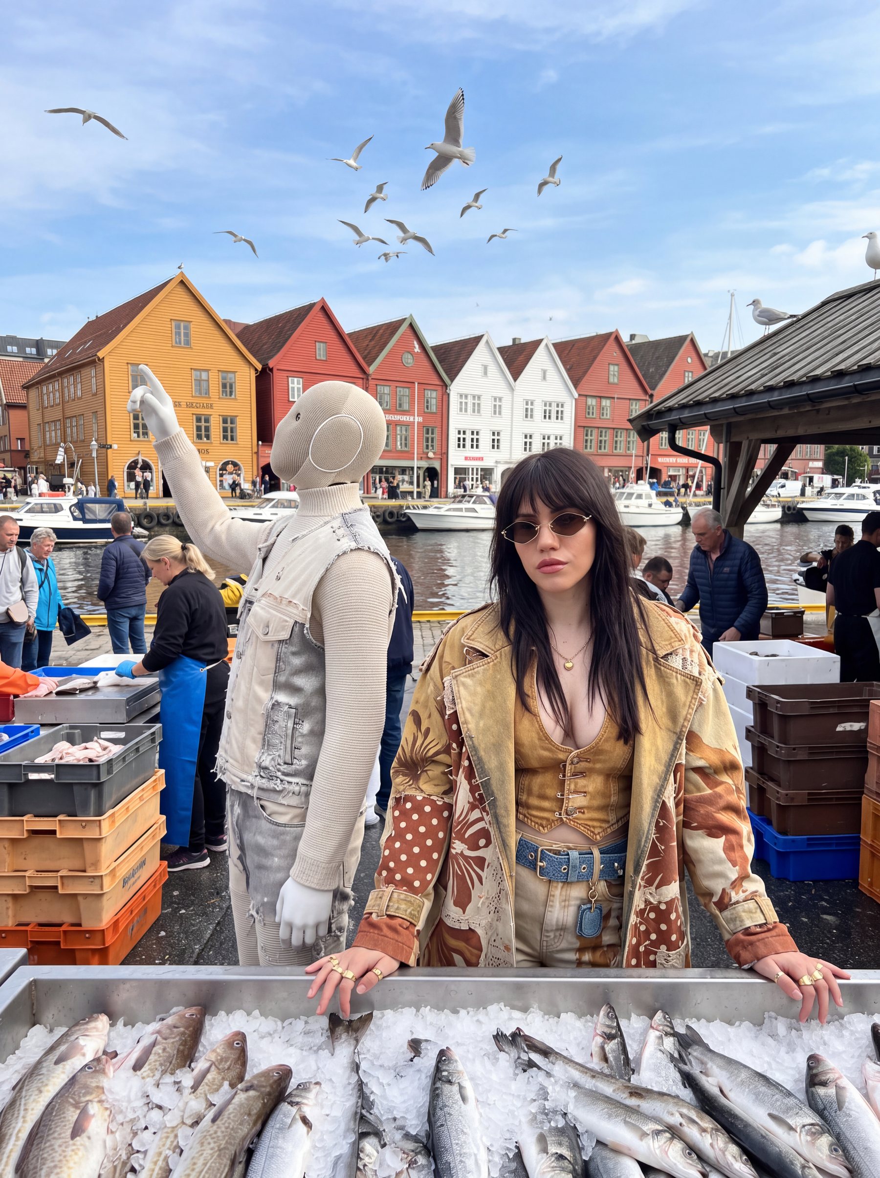 Irina Raicu and a robot mannequin in patterned coats standing at a harbour fish market with a crowd and coloured wooden houses behind