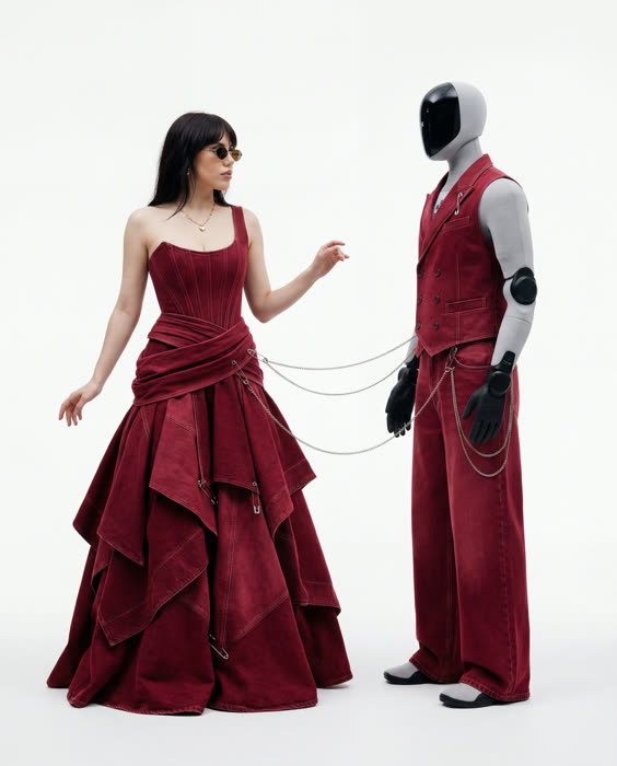 A robot mannequin in a burgundy waistcoat and trousers standing beside Irina Raicu in a matching burgundy gown against a plain studio backdrop