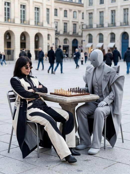 Irina Raicu seated at a stone chess table in a city square opposite a grey humanoid figure in a tailored suit, pedestrians passing behind