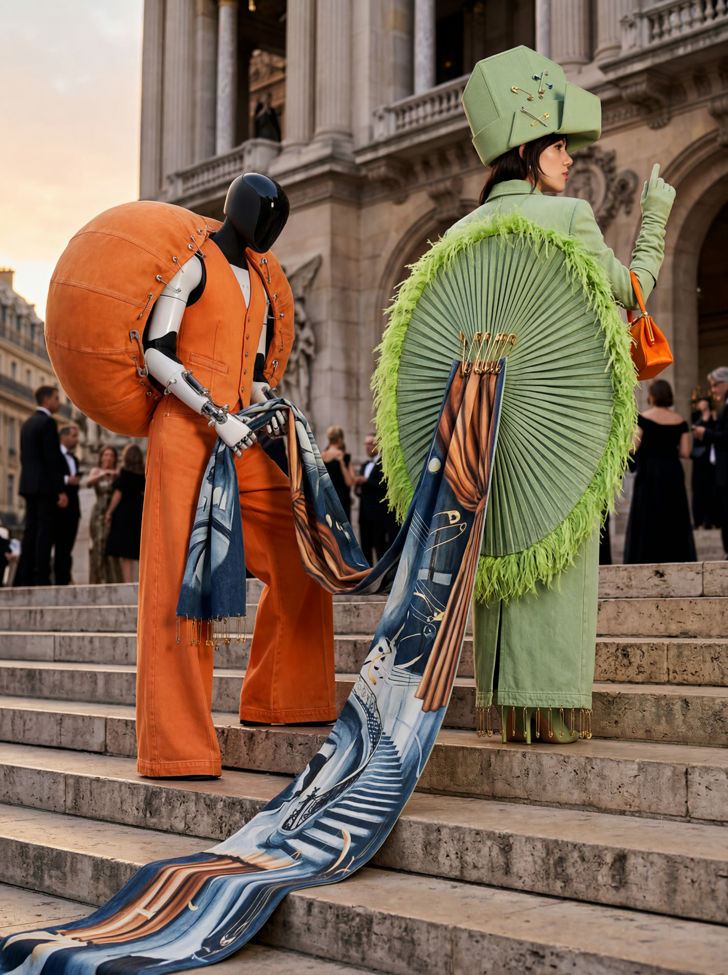 A humanoid robot in an orange denim suit with a large round padded collar stands on stone opera-house steps beside a woman in a pale green pleated coat with lime feather trim, a long printed scarf trailing down the steps between them.