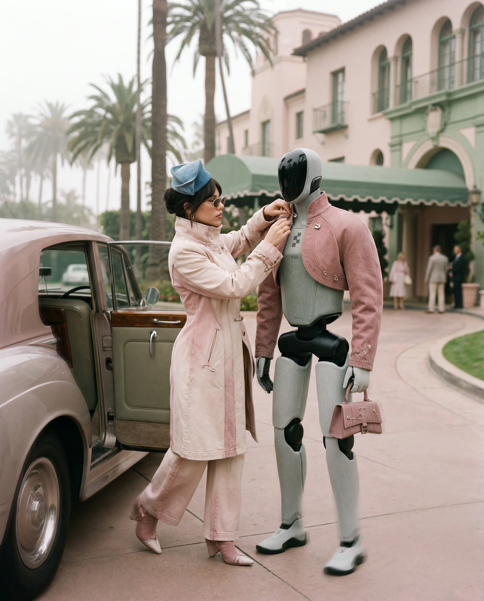A stylist in pale pink pinning a jacket onto a humanoid robot outside a hotel entrance