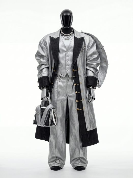 Silver humanoid robot posed as a fashion portrait