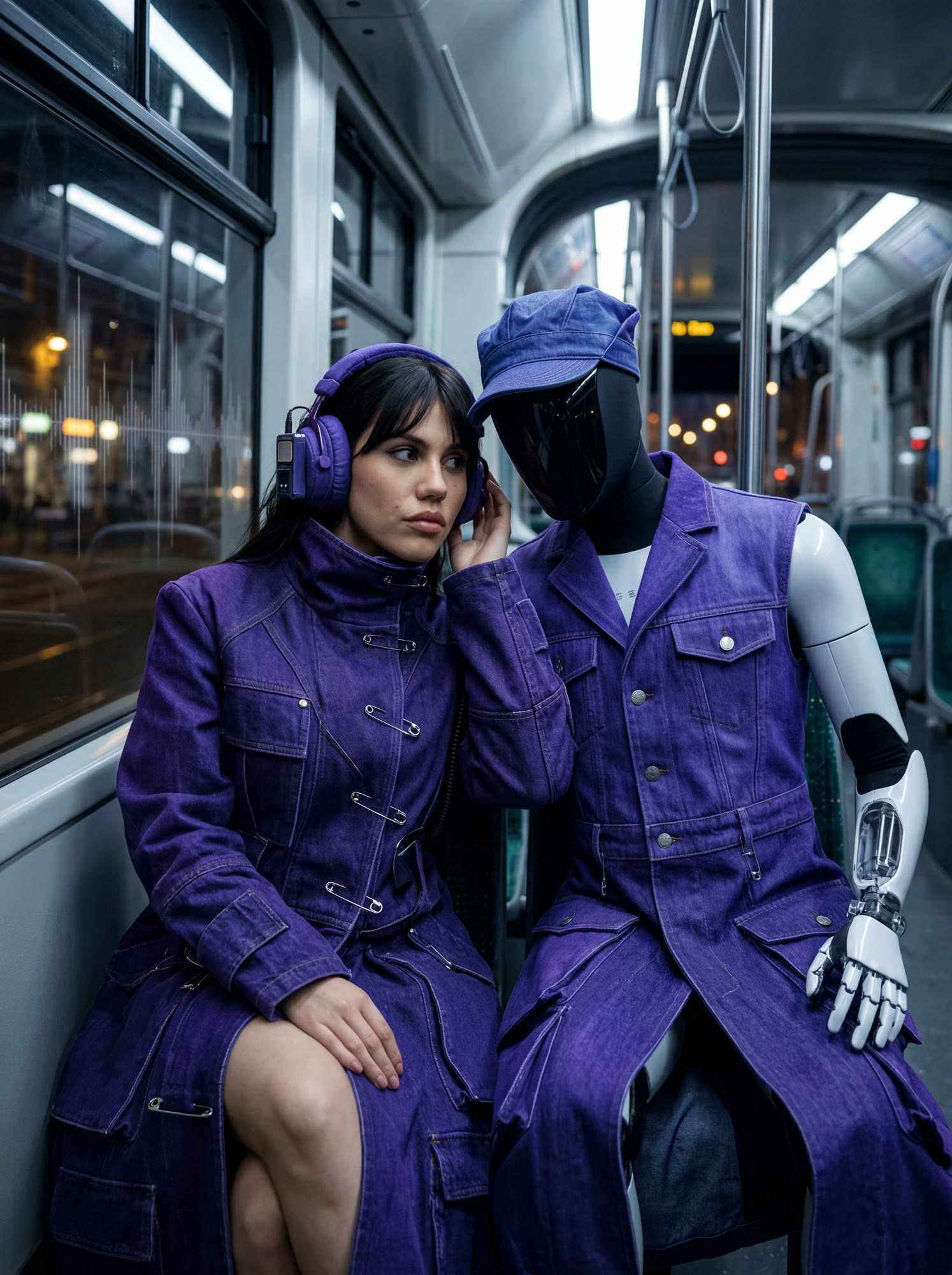 A woman in purple denim seated beside a humanoid robot dressed in matching purple denim on a tram
