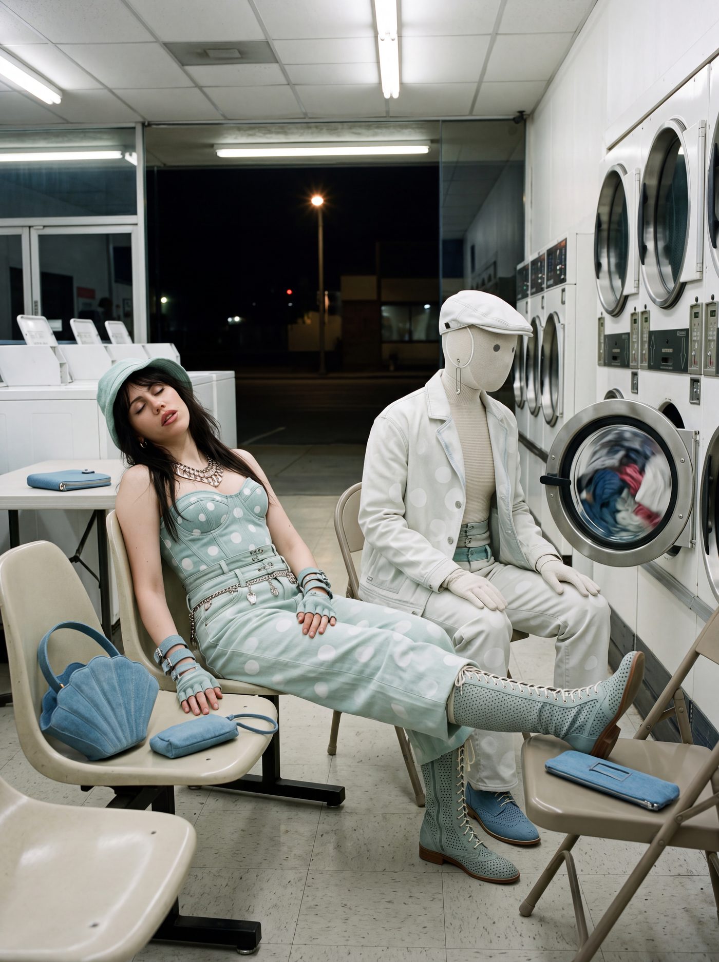 A woman and a white mannequin seated together in a laundromat, both in pale blue