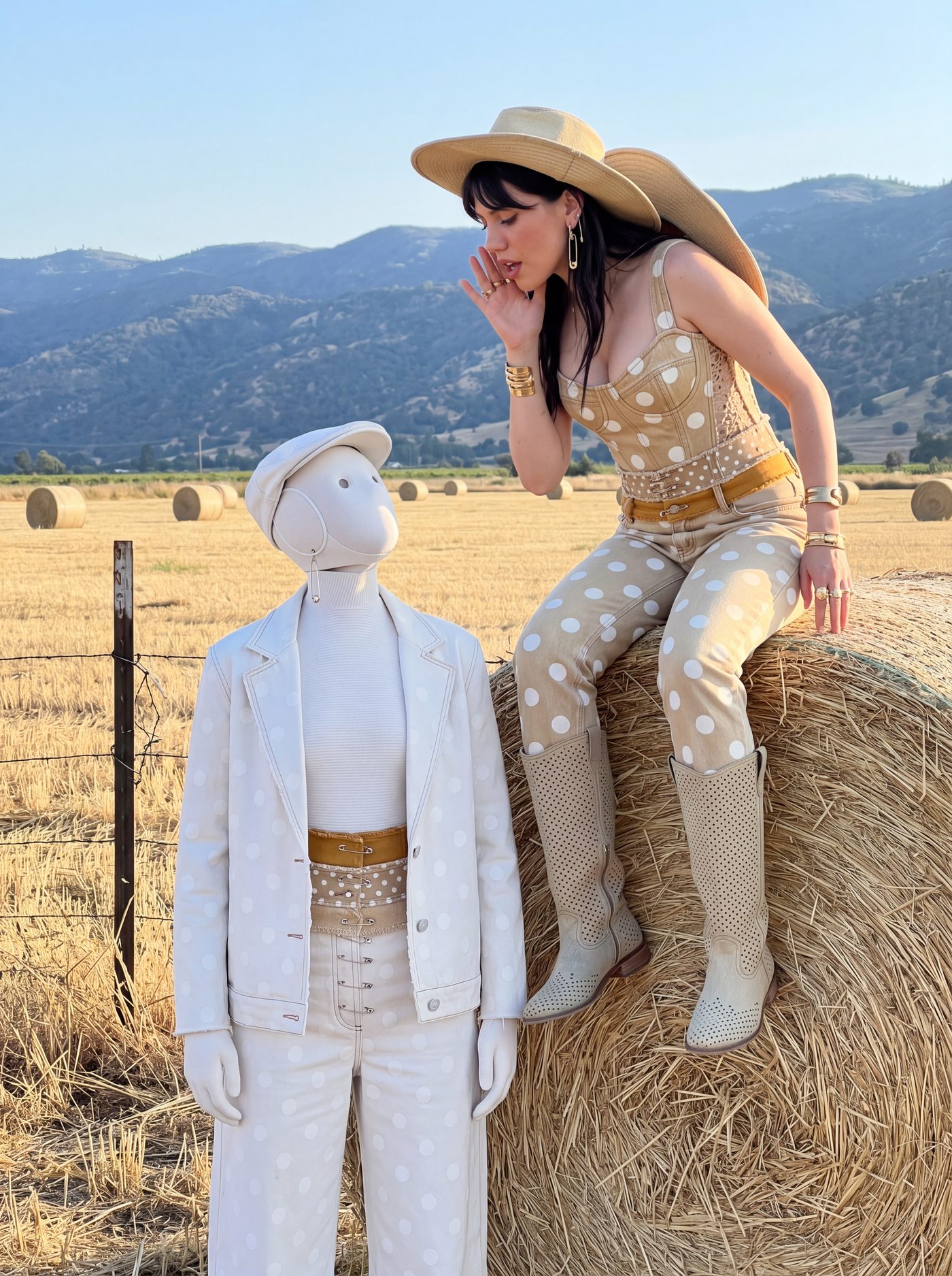 A white suited mannequin standing beside a woman seated on a hay bale