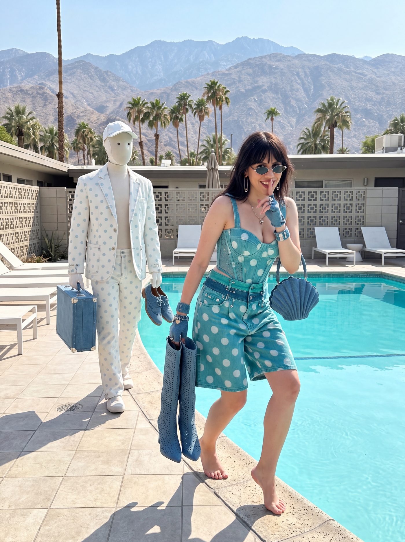 A woman and a mannequin at a desert poolside in matching mint prints