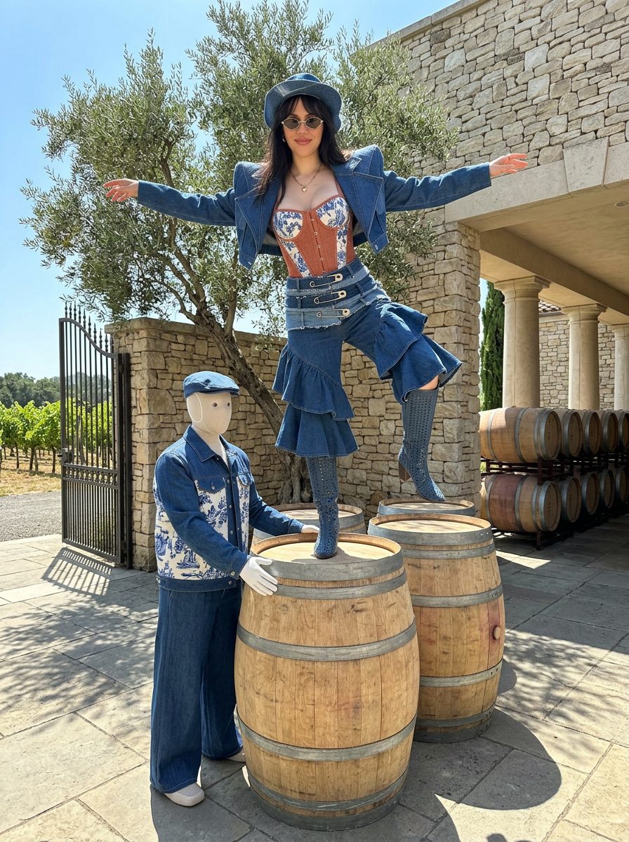 A woman and a mannequin beside wine barrels in matching denim