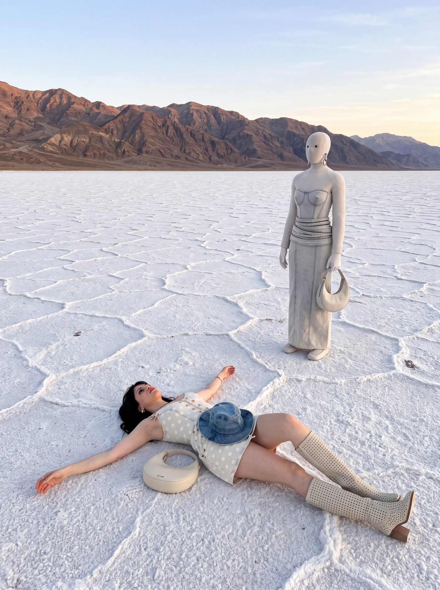 A mannequin standing over a woman lying on white salt flats