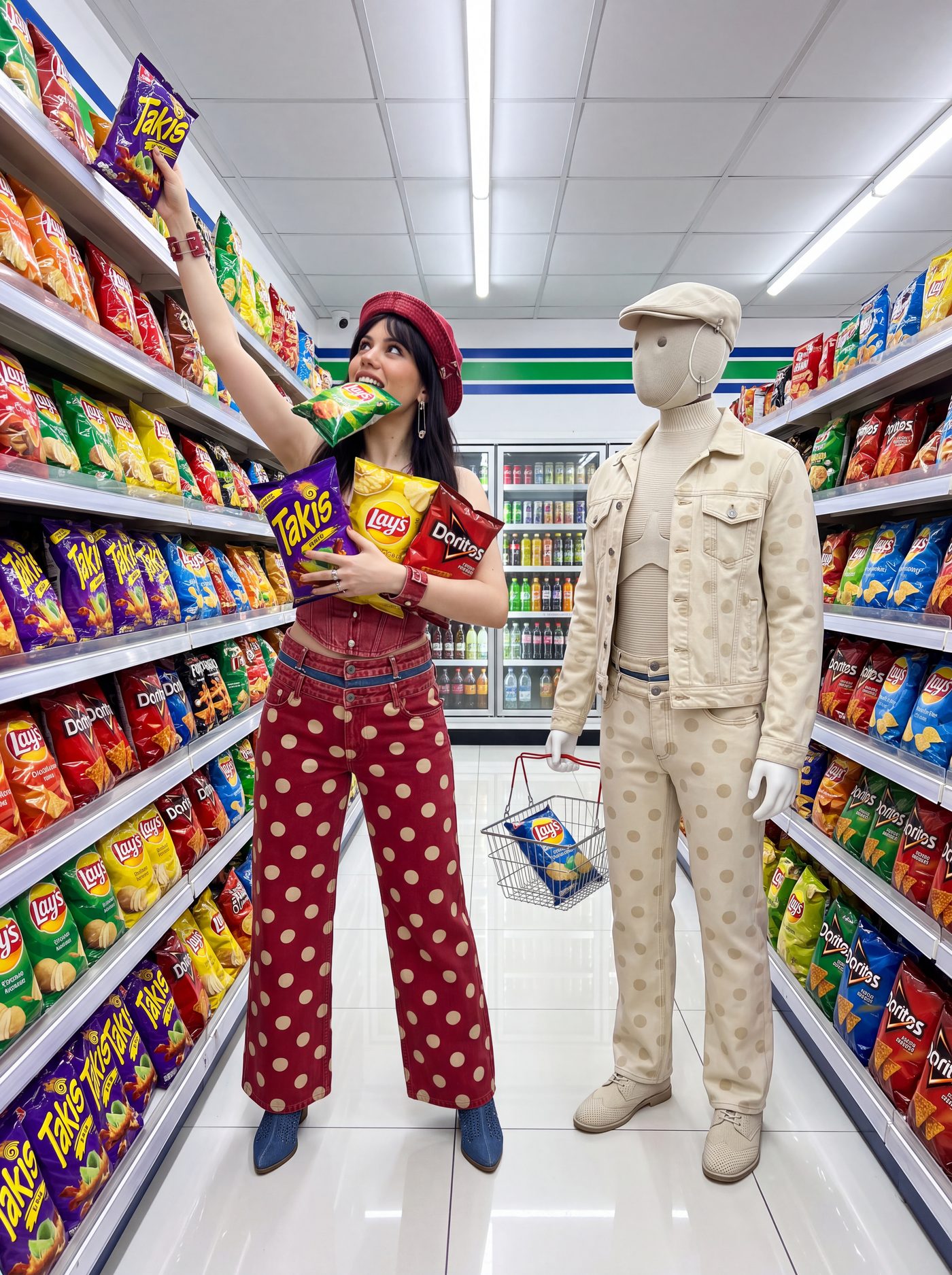 A woman and a mannequin in a lit supermarket aisle