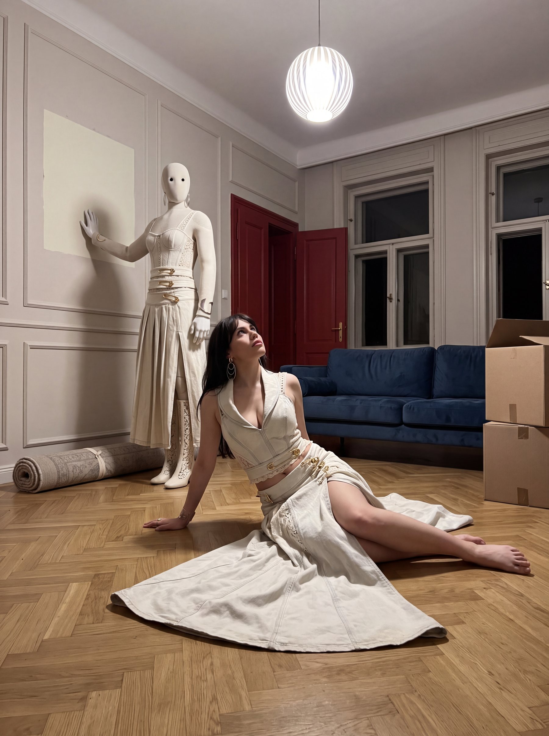 Irina Raicu reclining on a parquet floor in a cream dress while a pale robot mannequin stands against the wall behind her