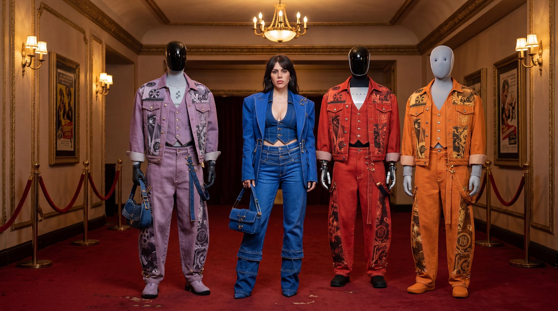 Three robot mannequins in lilac, red and orange printed denim standing with Irina Raicu in blue denim on the red carpet of a vintage cinema lobby