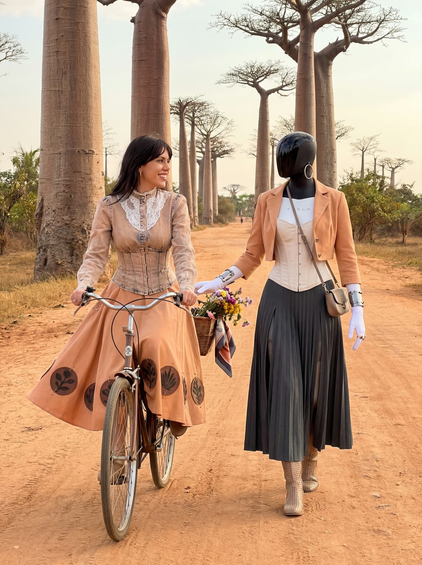 Two figures walking a red earth road between baobab trees, one pushing a bicycle