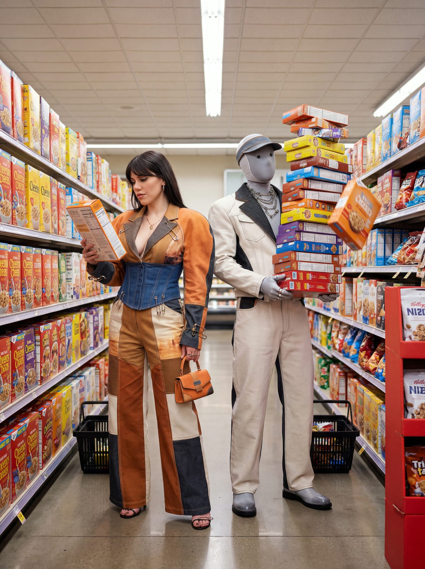 Two figures in a bright supermarket aisle holding packets