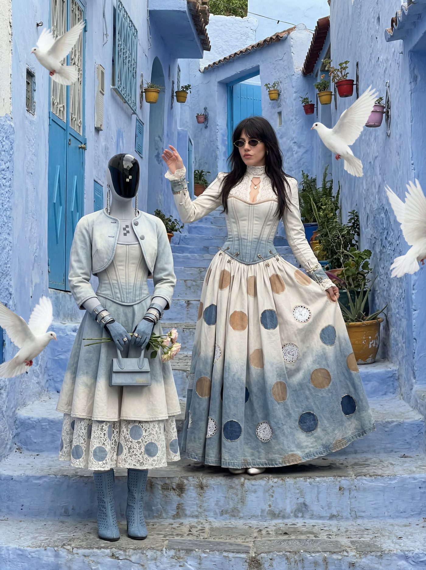 A pair in printed dress and jacket against a blue washed wall as doves fly up