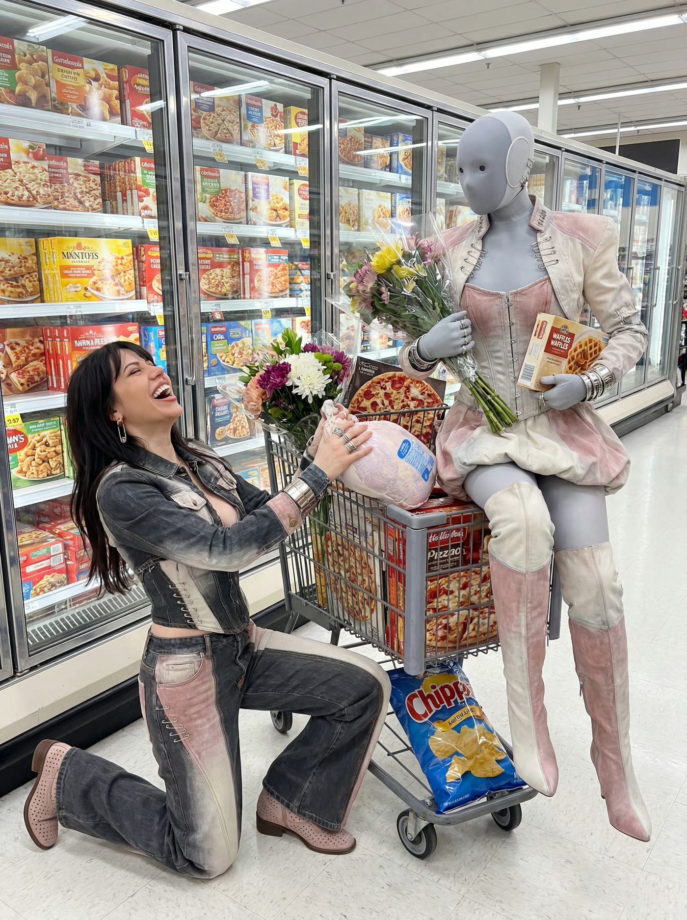 A pair beside a lit freezer cabinet, one holding flowers