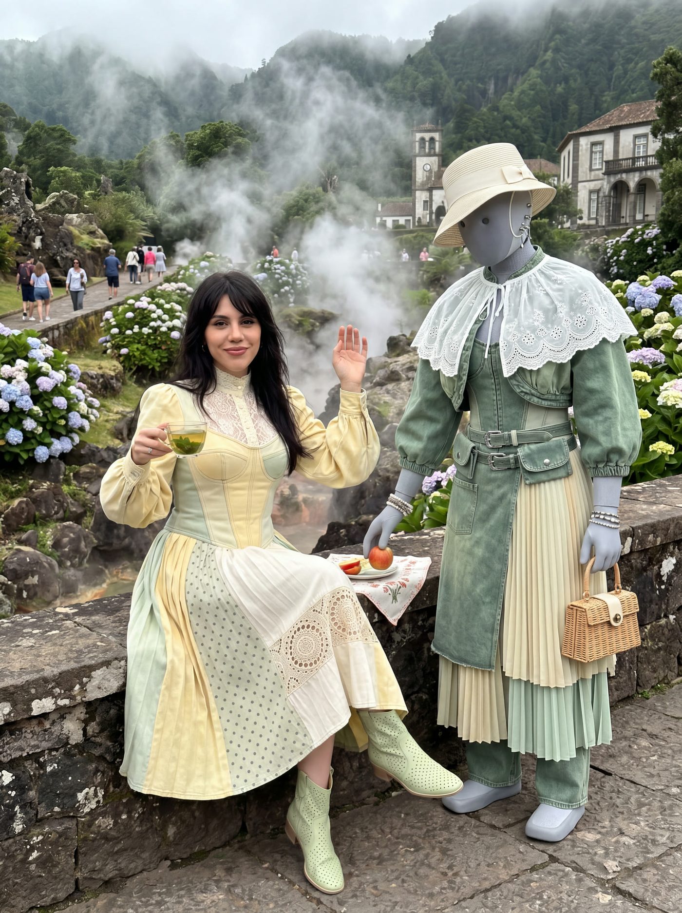 A pair standing in steam beside a hot spring, both in cream