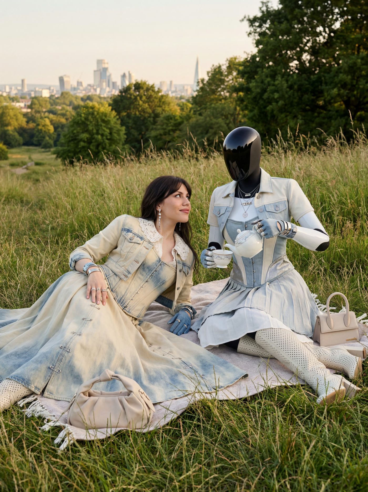 A pair seated on a picnic blanket in long grass with a city skyline behind