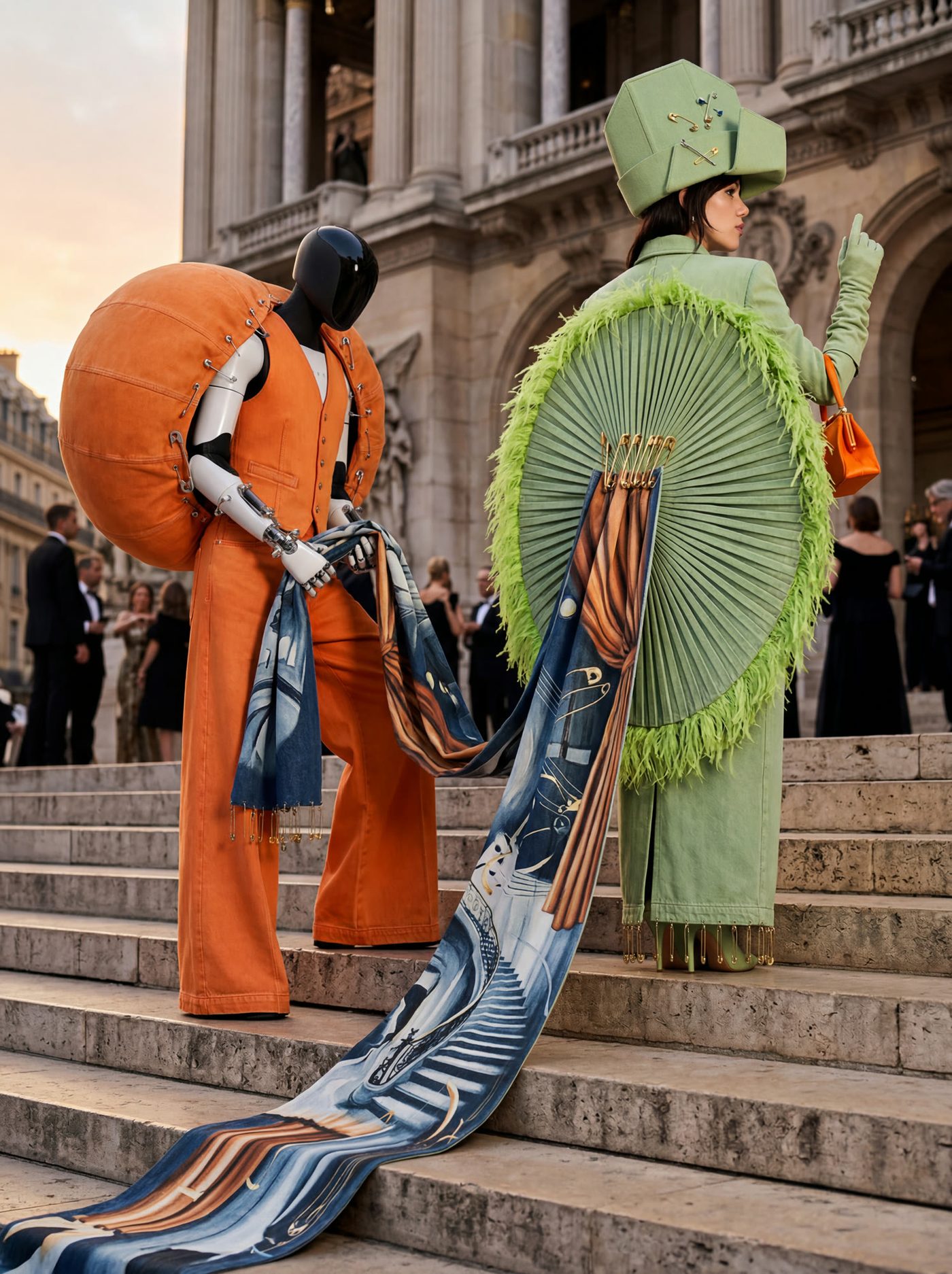 A pair in orange and green sculptural coats on a crowded stone staircase